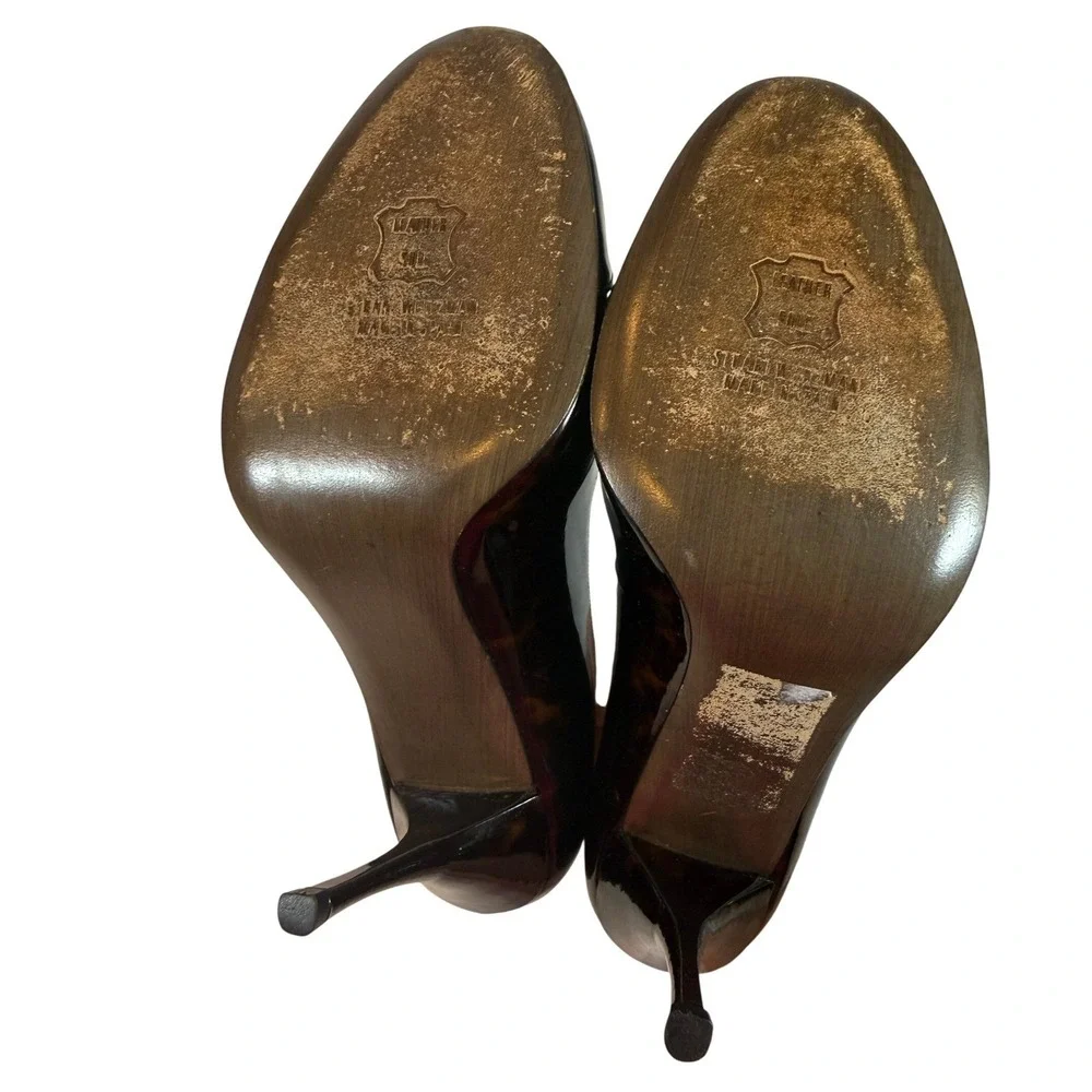 Stuart Weitzman Tortoise Patent Leather Peep Toe Stiletto Pumps Brown 10
